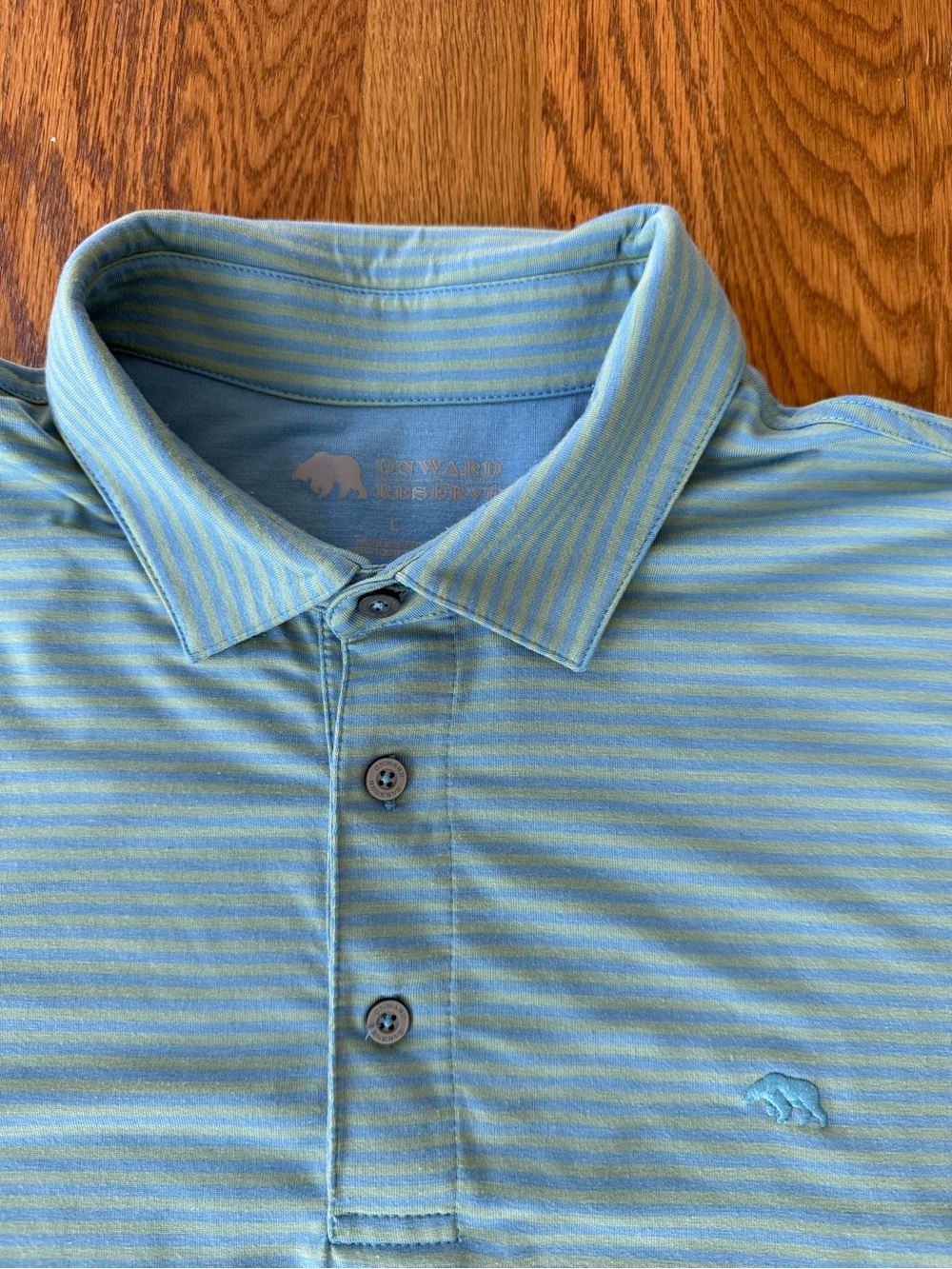 Onward Reserve Men’s Large Polo Shirt Blue Green Striped Bear Logo Golf